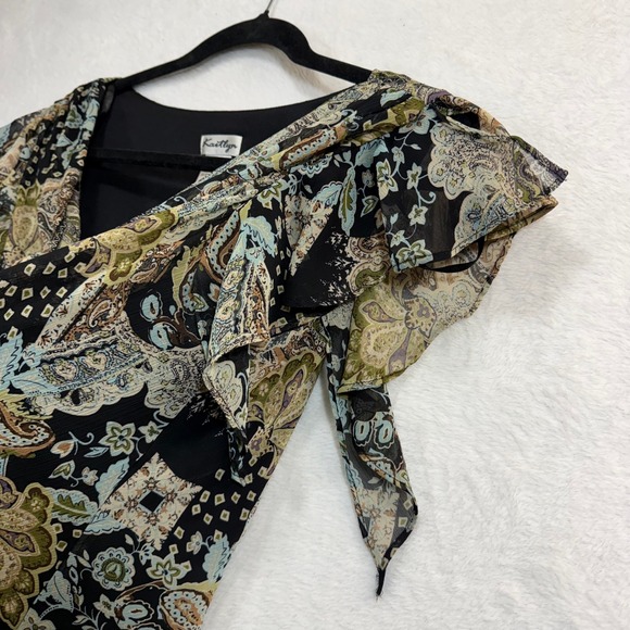 Kaitlyn 1X Paisley Print Top Tie Front Flutter Sleeve Retro Abstract Funky Y2K - Picture 2 of 9